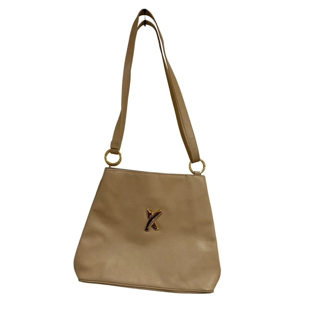 Vintage Paloma Picasso Leather Shoulder Bag Beige Gold‎ Logo Italy Repair